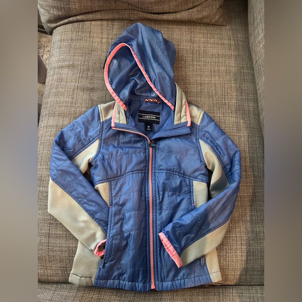 Lands' End Kids Blue and Gray Raincoat with Pink Trim